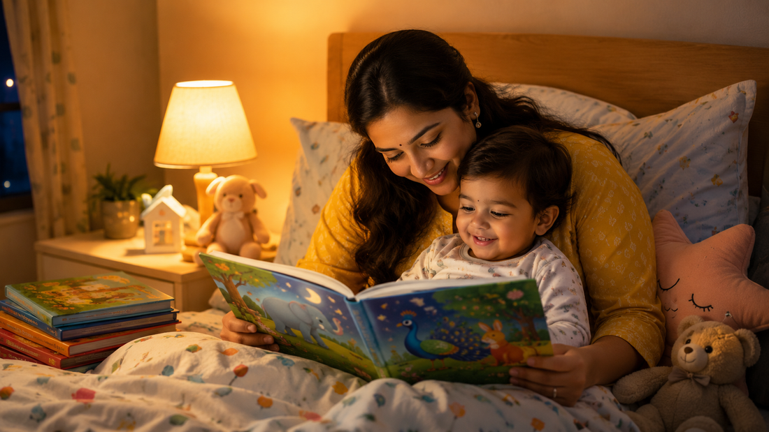 Parent and toddler reading a colourful story book together at bedtime under a warm lamp.