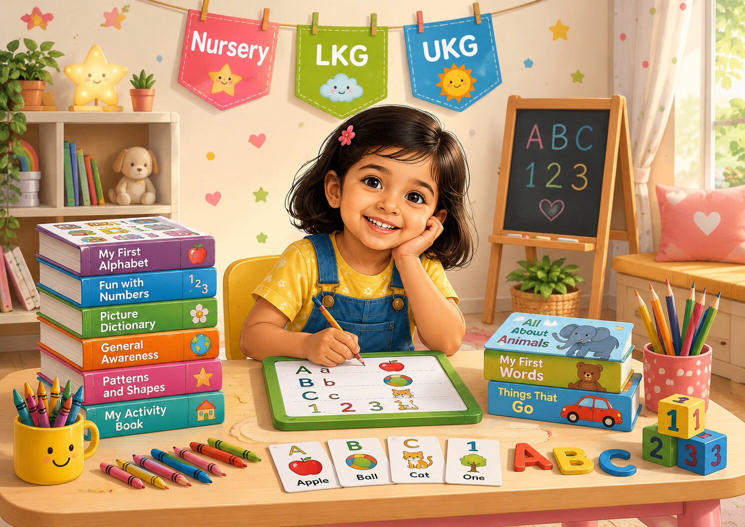 Cheerful preschool child learning at a desk with activity books, flash cards, crayons, alphabet cards and Nursery, LKG, UKG signs.