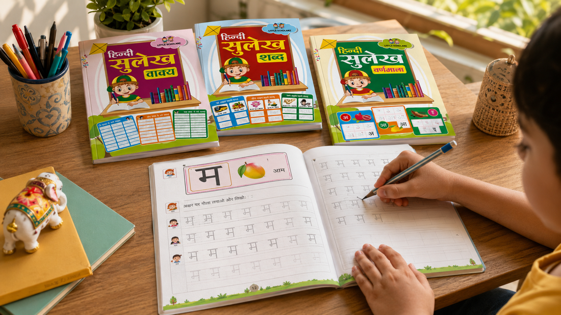 Child practicing Hindi sulekh handwriting in a workbook with Hindi writing practice books on a study table