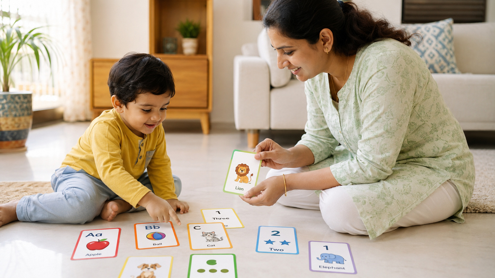 Parent and toddler playing with alphabet, number and animal flash cards on the floor at home