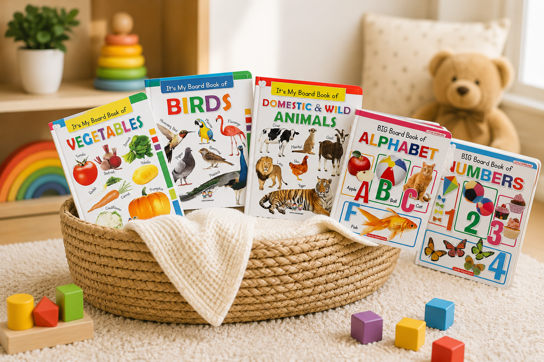Colourful Little Scholarz board books for babies displayed in a basket in a cosy nursery, including vegetables, birds, animals, alphabet and numbers books