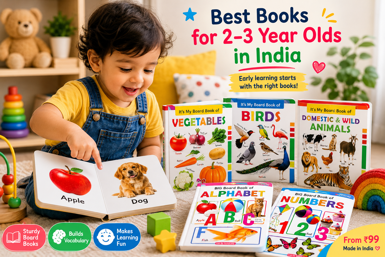 Happy toddler reading board books with Little Scholarz vegetables, birds, animals, alphabet and numbers books for 2–3 year olds in India