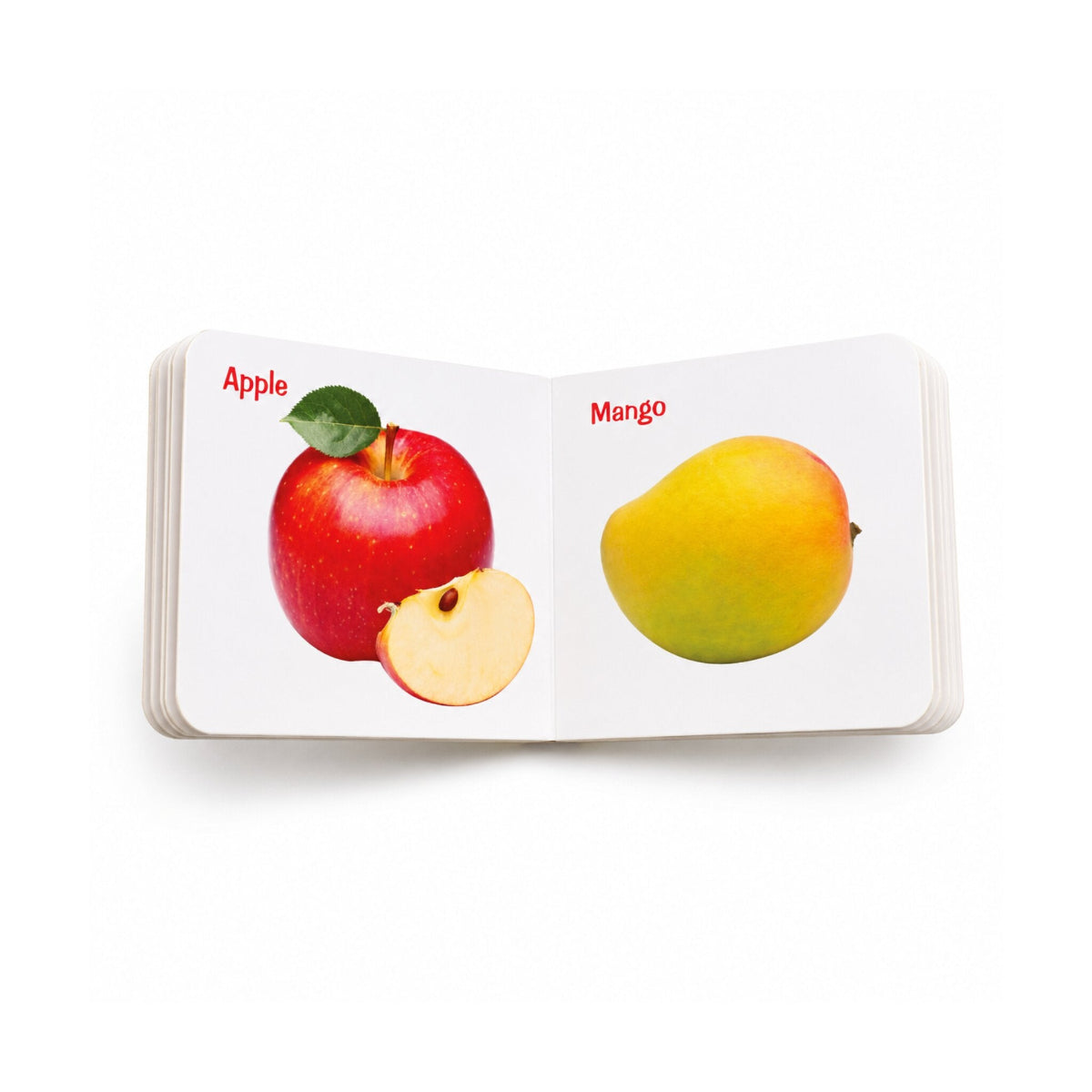 Little Scholarz Fruits board book inside pages showing Apple and Mango