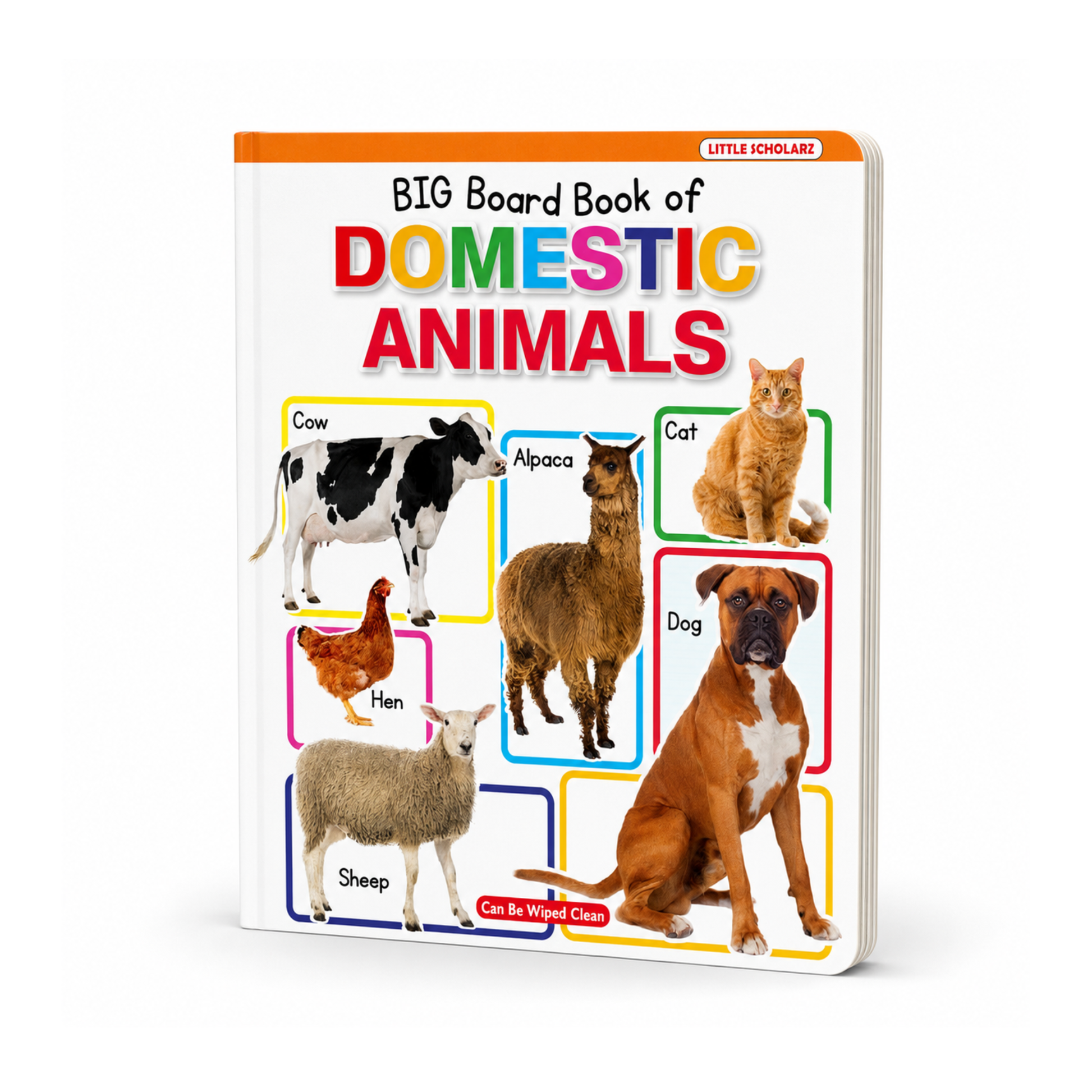 Big Board Book of Domestic Animals by Little Scholarz — farm and pet animals learning board book for toddlers showing cow cat dog hen sheep and more