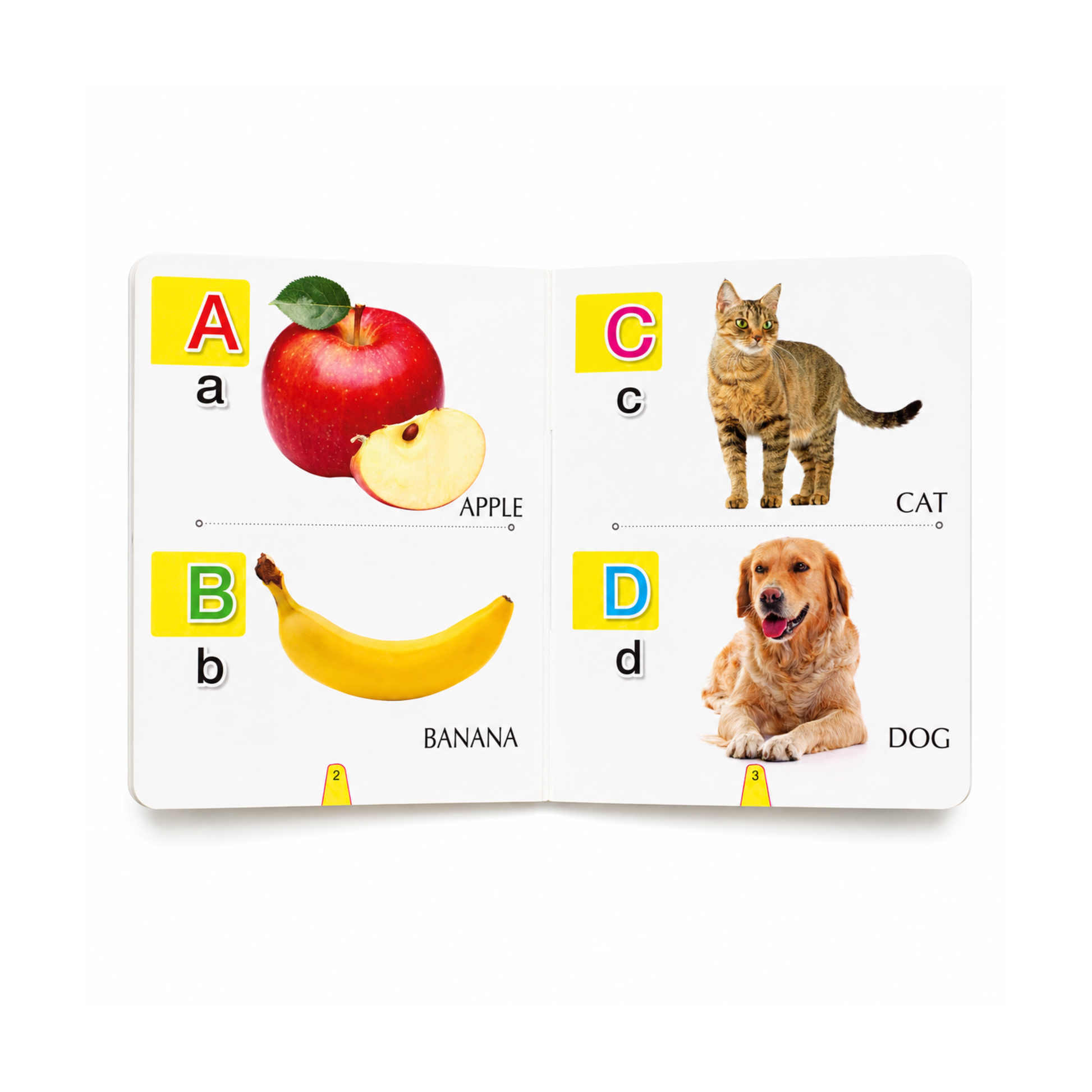 Big Board Book of Alphabet inside pages showing letters A B C D with apple banana cat and dog for early reading