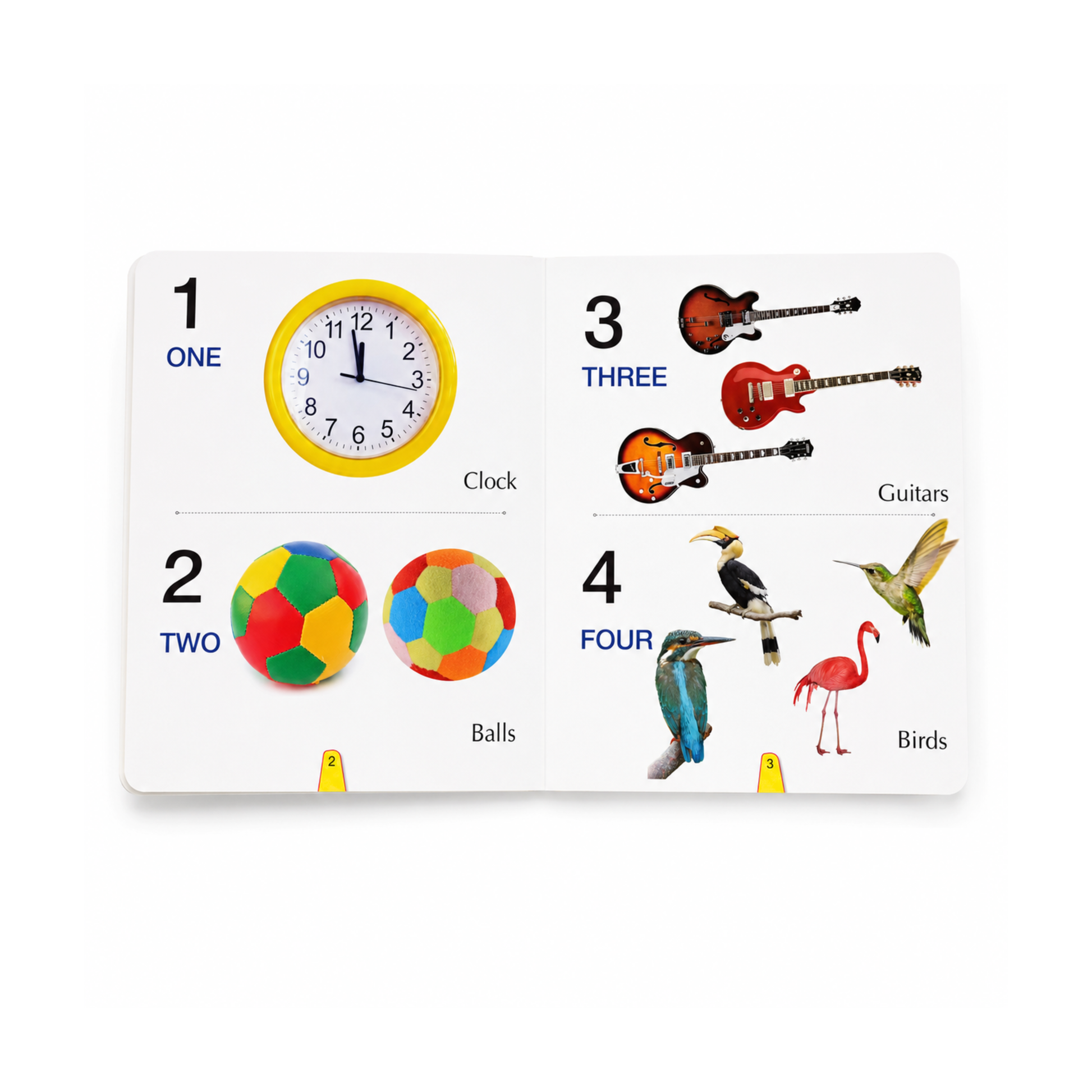 Big Board Book of Numbers inside pages showing numbers 1 to 4 with clock guitar and birds for early counting