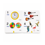 Big Board Book of Numbers inside pages showing numbers 1 to 4 with clock guitar and birds for early counting