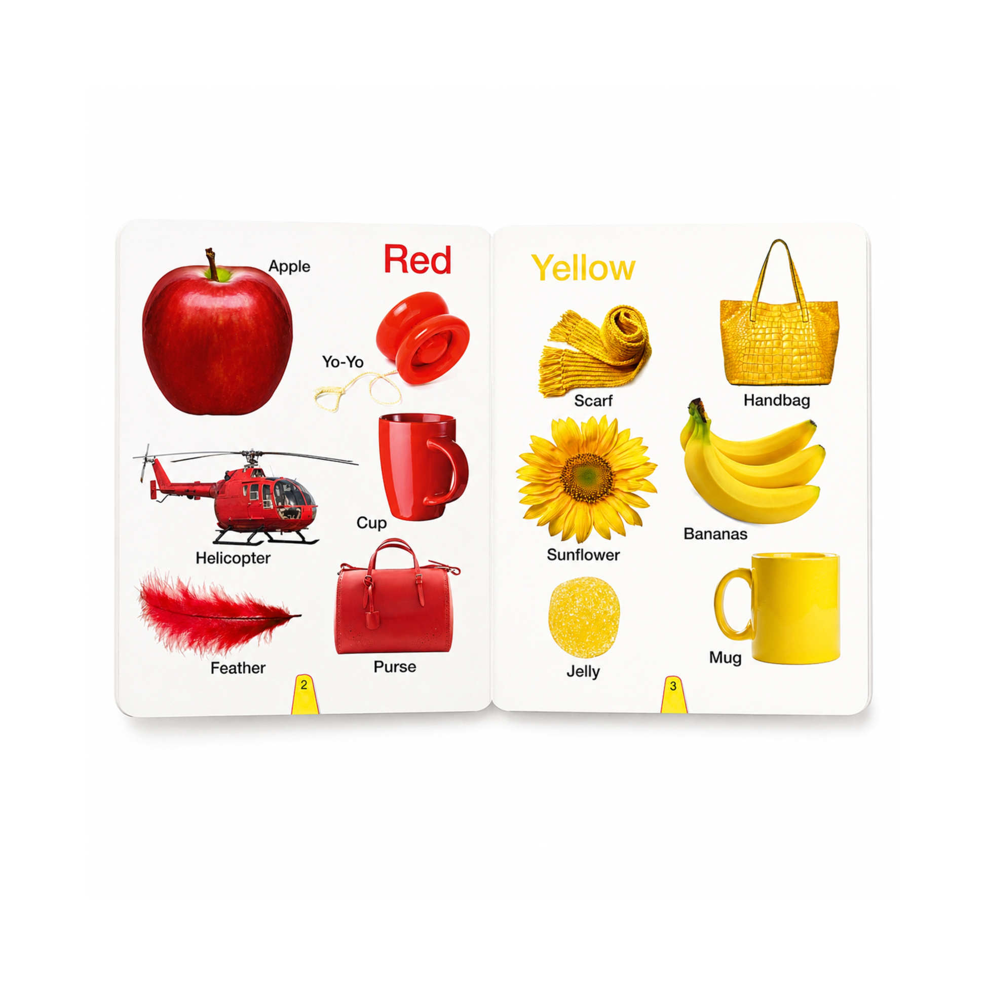 Big Board Book of Colours and Shapes inside pages showing red and yellow colours with real-life images