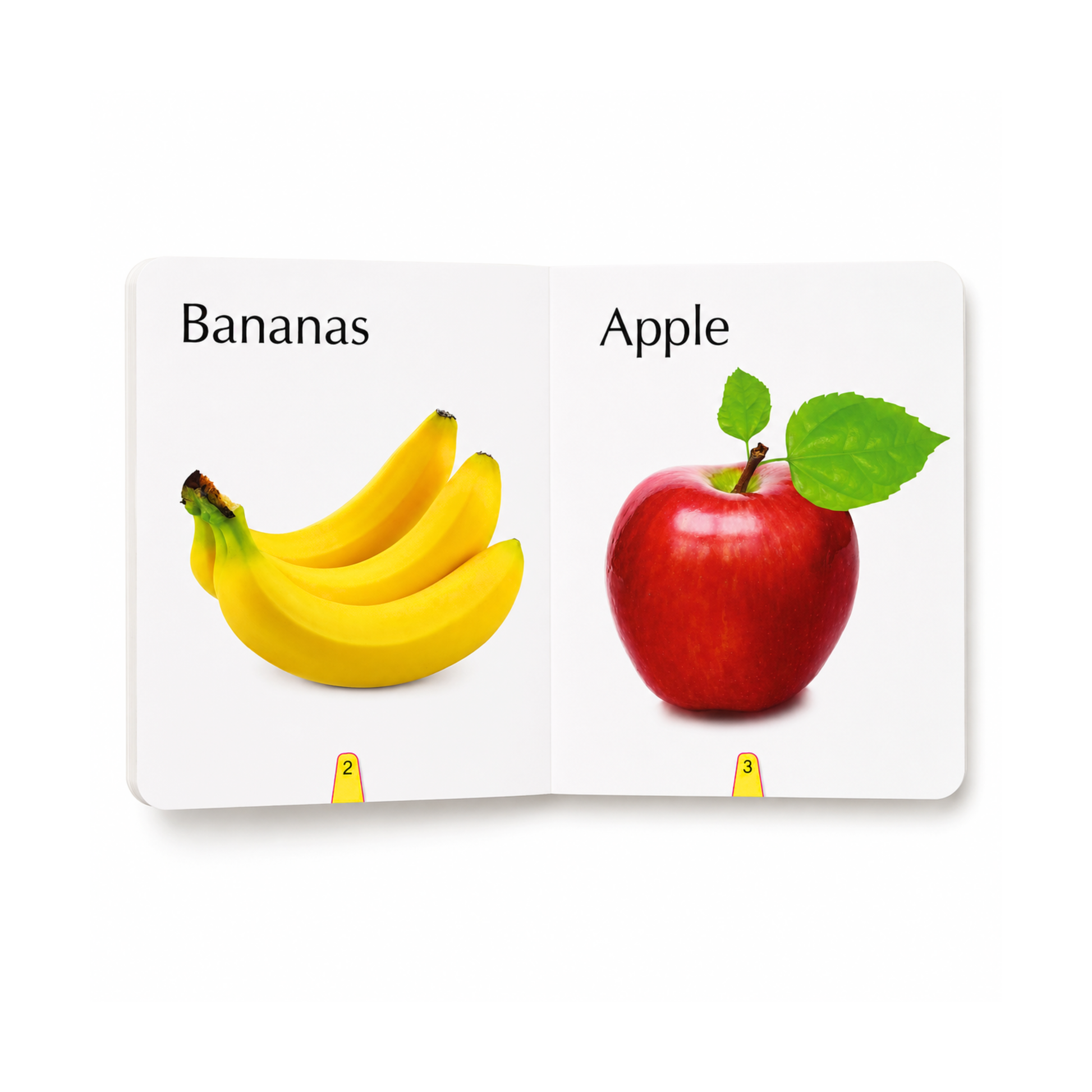 Big Board Book of Fruits inside pages showing bananas and apple with real-life images for early learning