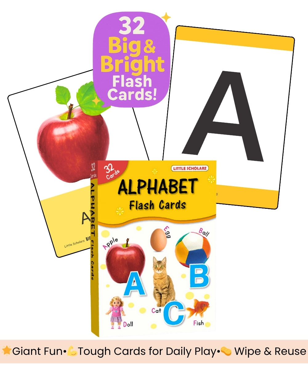 Alphabet Big Flash Cards by Little Scholarz — 32 big and bright large alphabet flash cards showing letter A with apple card sample, hardbound wipe and reuse ages 2–6