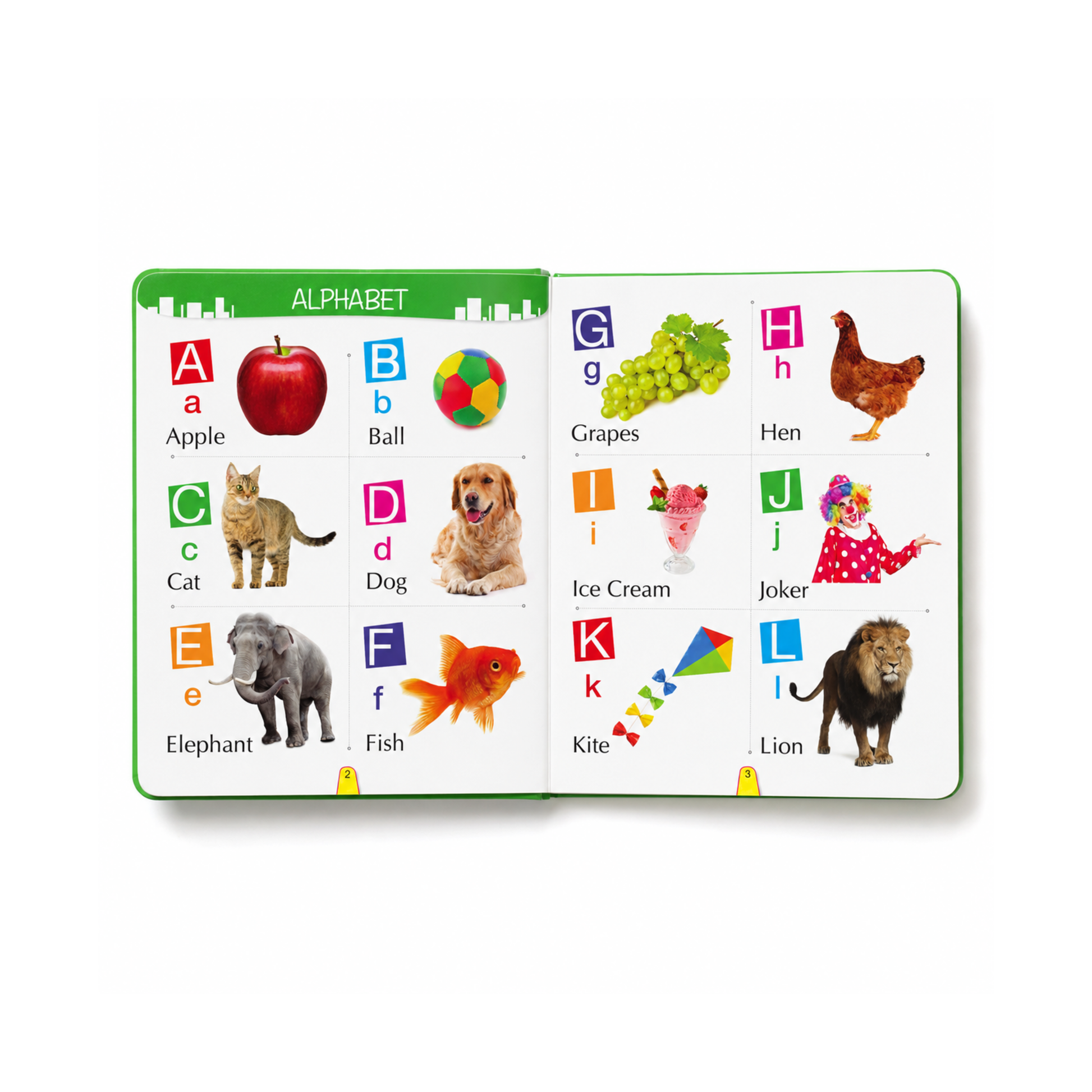 Big Board Book of Five in One inside pages showing alphabet animals and Hindi Varnamala sections for early learning