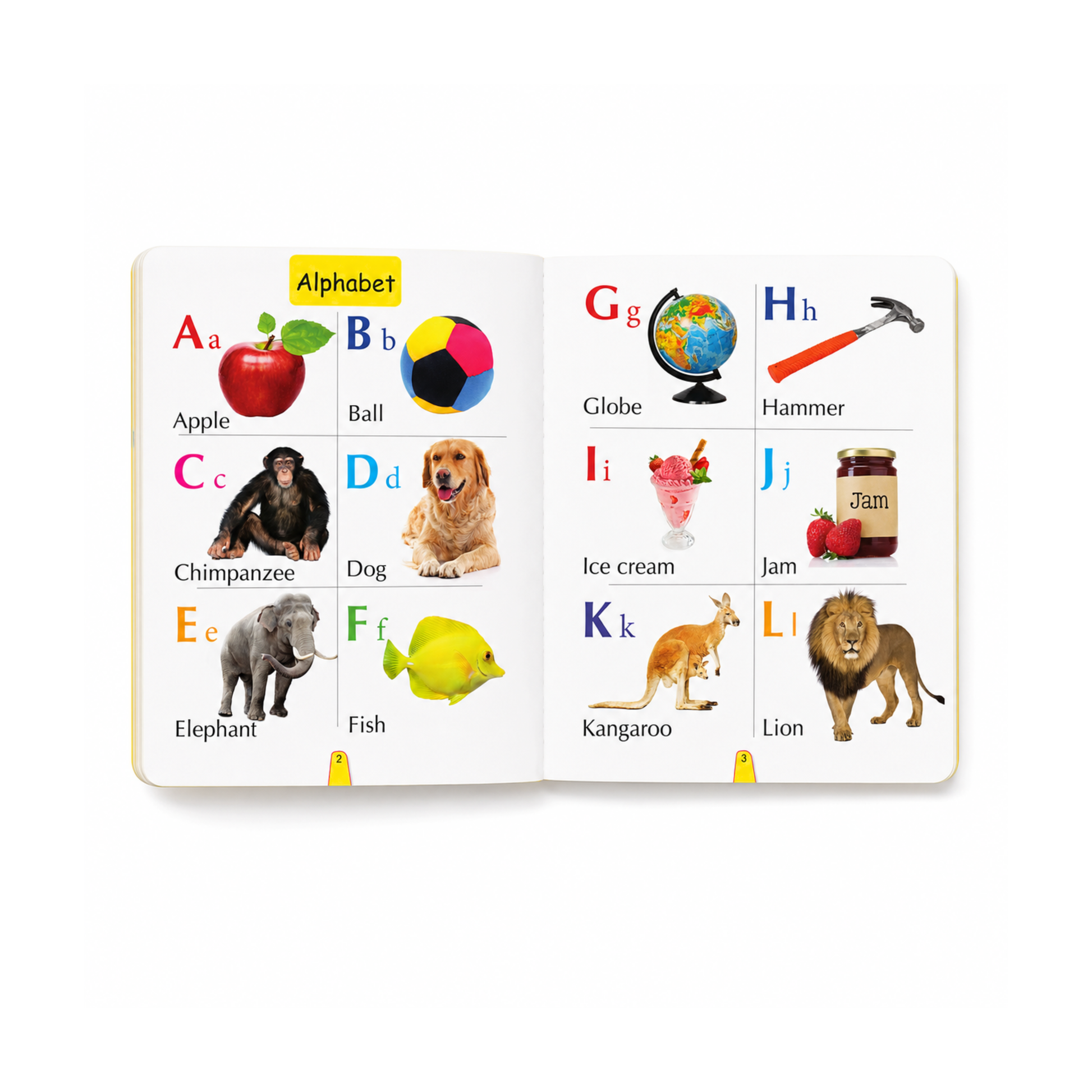 Big Board Book of Four in One inside pages showing alphabet and animals sections for early learning