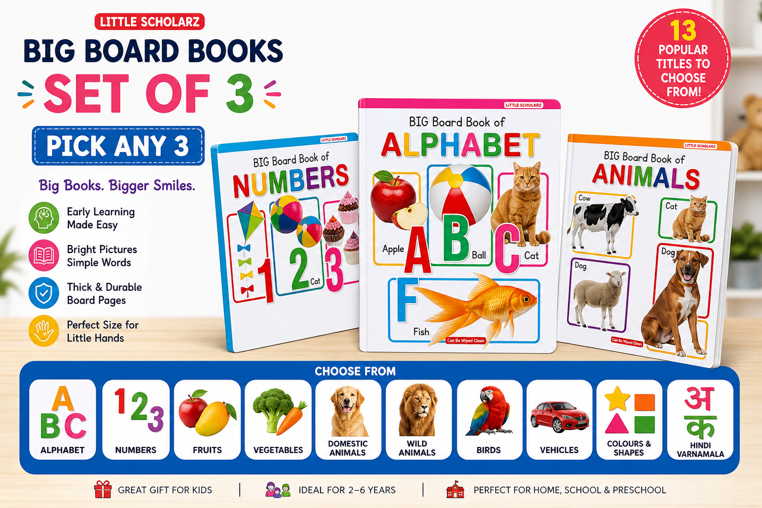 Set of three educational board books on a wooden surface with colorful illustrations.