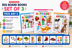 Set of three educational board books on a wooden surface with colorful illustrations.