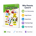 Big Board Book of Four in One features — 4-in-1 learning bright pictures simple words thick board pages wipe clean 16 pages