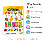Big Board Book of Five in One features — 5-in-1 learning bright pictures simple words thick board pages wipe clean 16 pages