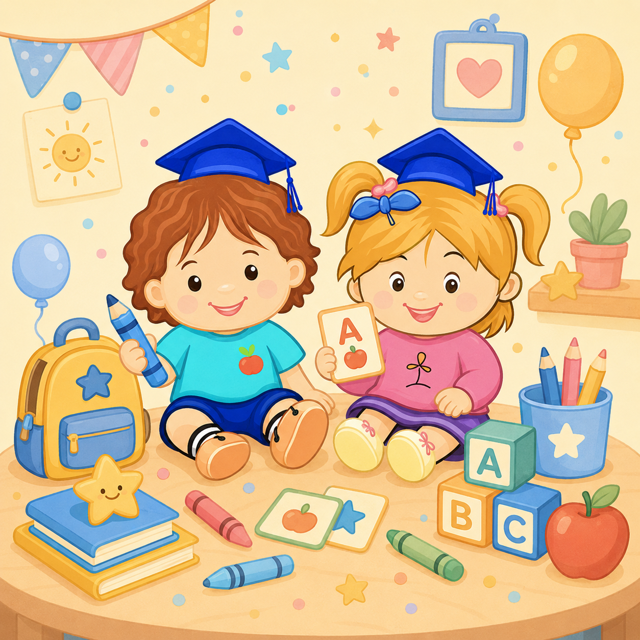 Little Scholarz mascots with children’s books and learning materials