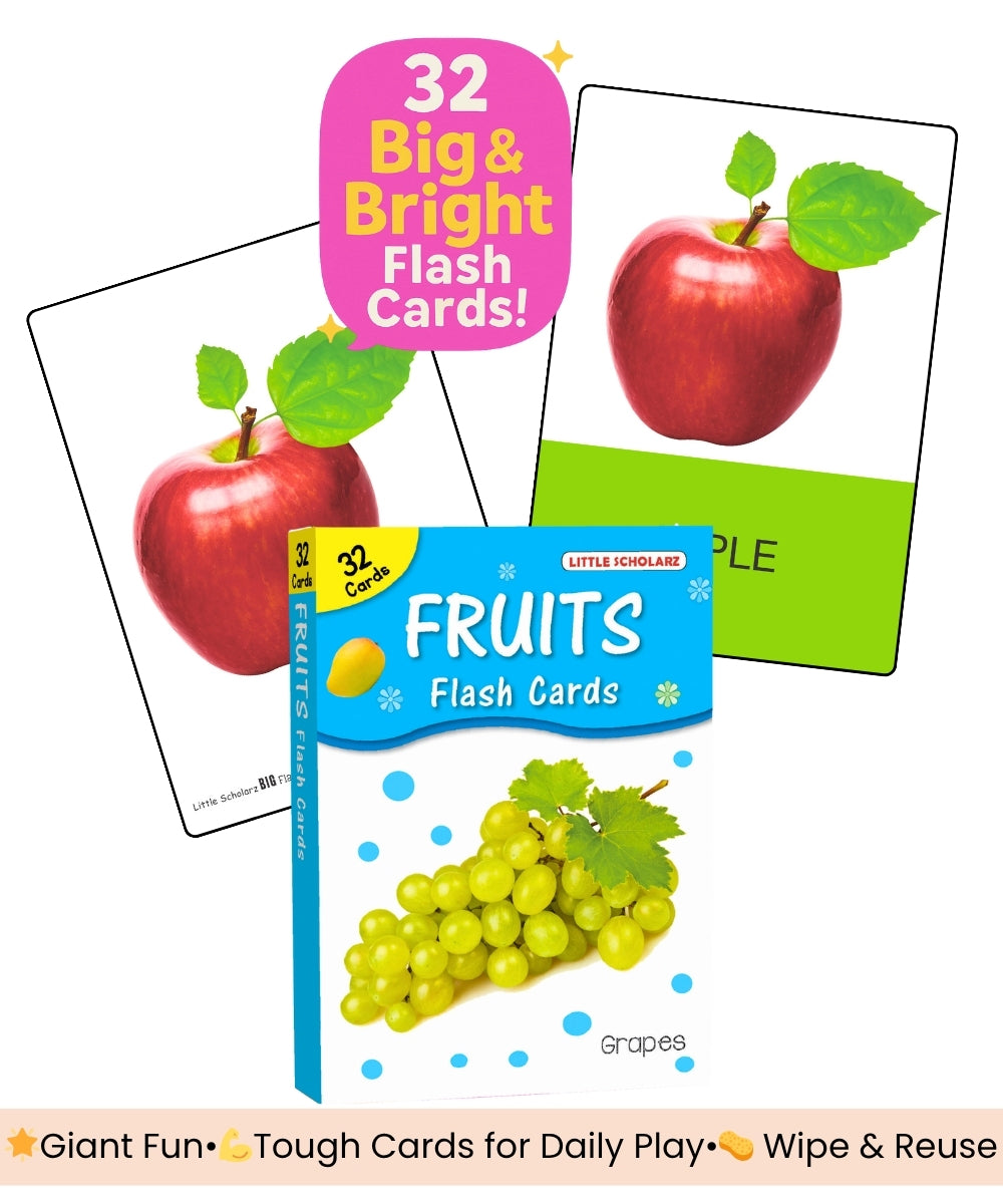 Fruits Big Flash Cards by Little Scholarz — 32 big and bright large fruit flash cards for kids showing apple card sample, hardbound, wipe and reuse, ages 2–6