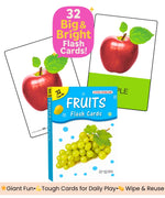Fruits Big Flash Cards by Little Scholarz — 32 big and bright large fruit flash cards for kids showing apple card sample, hardbound, wipe and reuse, ages 2–6