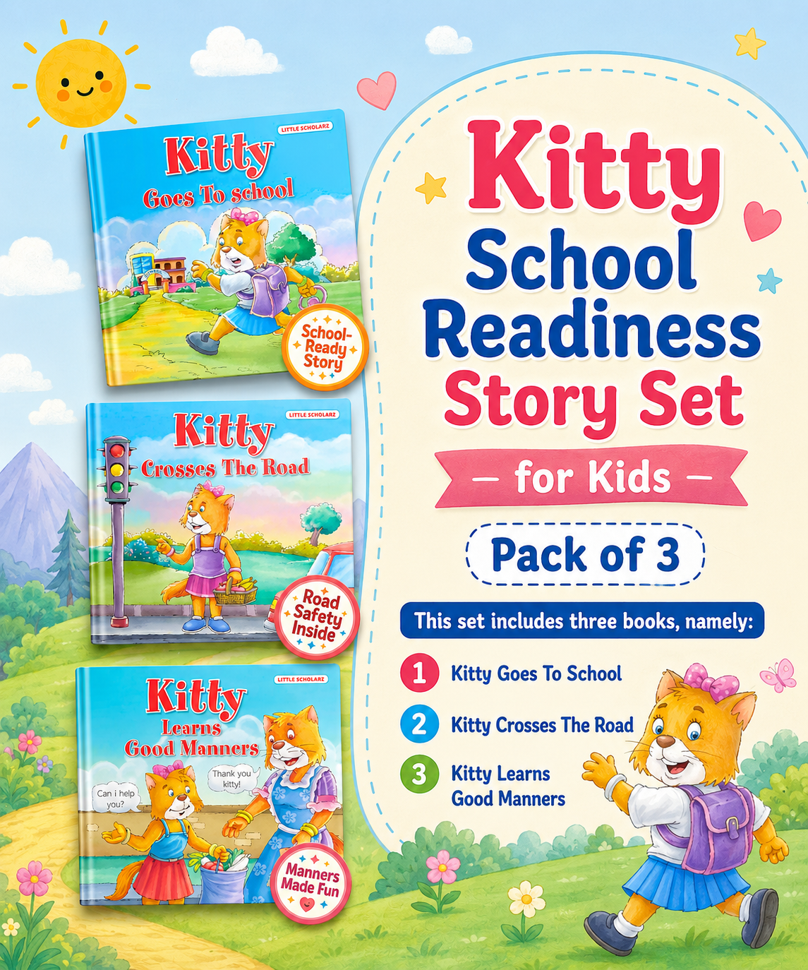 Kitty School Readiness Story Set for Kids — Pack of 3