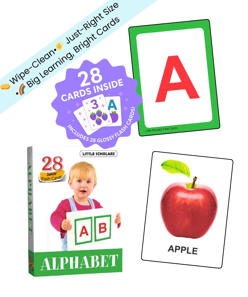 Alphabet Junior Flash Cards by Little Scholarz — 28 junior alphabet flash cards showing letter A and apple card sample, hardbound wipe and reuse ages 2–5