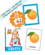 Fruits Junior Flash Cards by Little Scholarz — 28 junior fruit flash cards showing orange card sample with real-life image, hardbound wipe and reuse ages 2–5