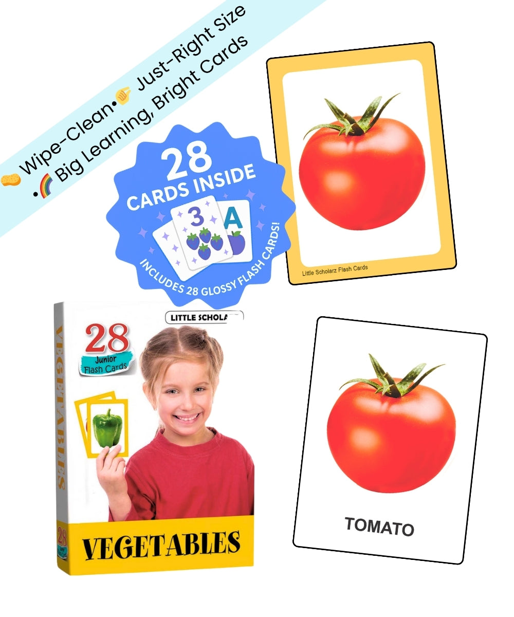 Vegetables Junior Flash Cards by Little Scholarz — 28 junior vegetable flash cards showing tomato card sample with real-life image, hardbound wipe and reuse ages 2–5