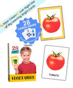 Vegetables Junior Flash Cards by Little Scholarz — 28 junior vegetable flash cards showing tomato card sample with real-life image, hardbound wipe and reuse ages 2–5