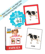Animals Junior Flash Cards by Little Scholarz — 28 junior animal flash cards showing cow card sample with real-life image, hardbound wipe and reuse ages 2–5