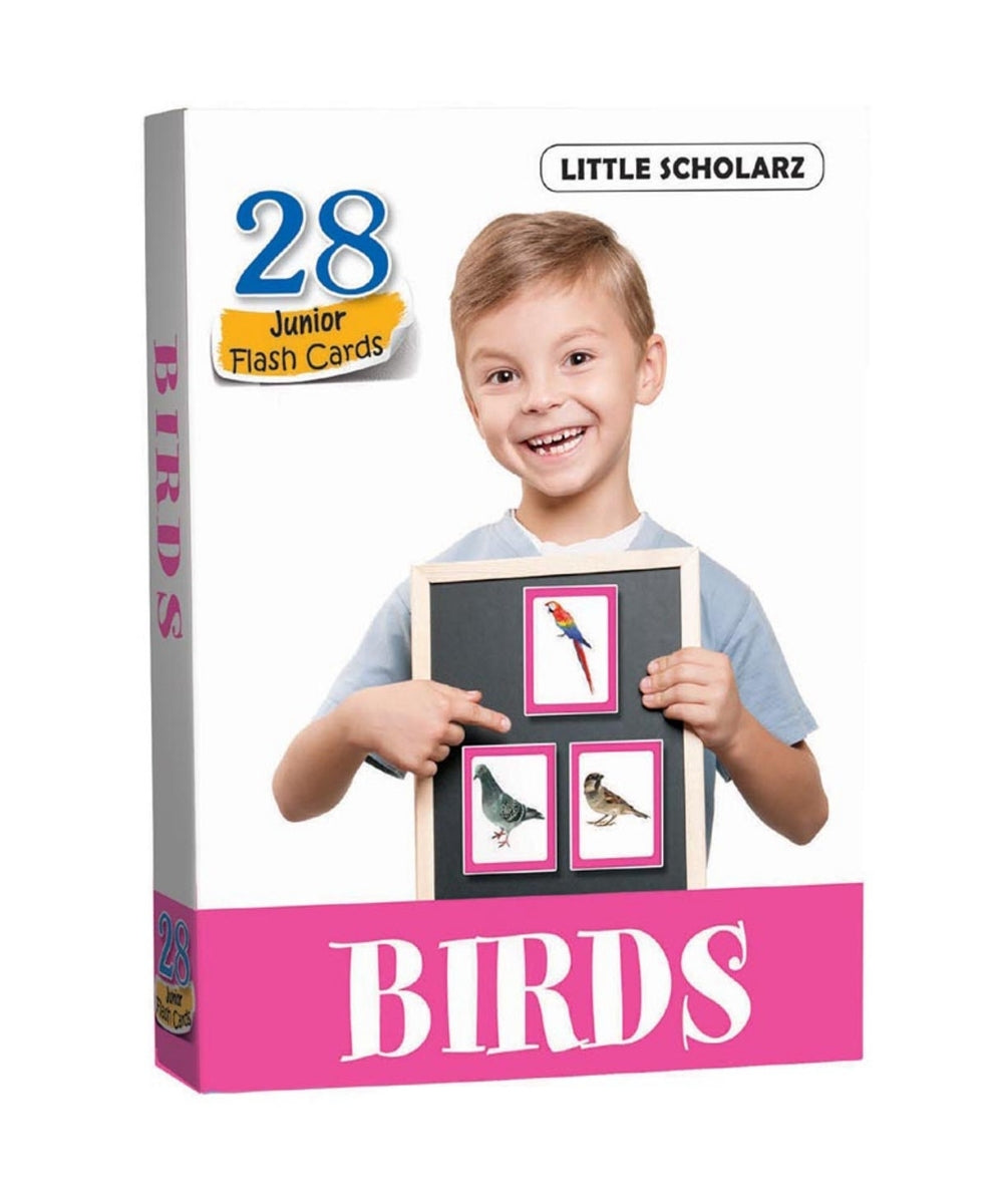 Birds Junior Flash Cards box by Little Scholarz — 28 hardbound bird learning cards for kids aged 2–5 showing real-life bird images on front