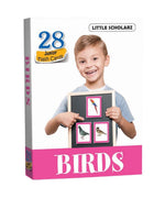 Birds Junior Flash Cards box by Little Scholarz — 28 hardbound bird learning cards for kids aged 2–5 showing real-life bird images on front