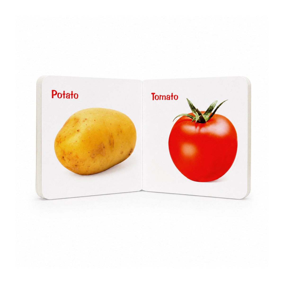 Little Scholarz Vegetables board book inside pages showing Potato and Tomato