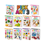 Little Scholarz Big Board Books collection — all 10 titles to pick from including alphabet numbers fruits vegetables domestic animals wild animals birds vehicles colours and shapes and Hindi Varnamala