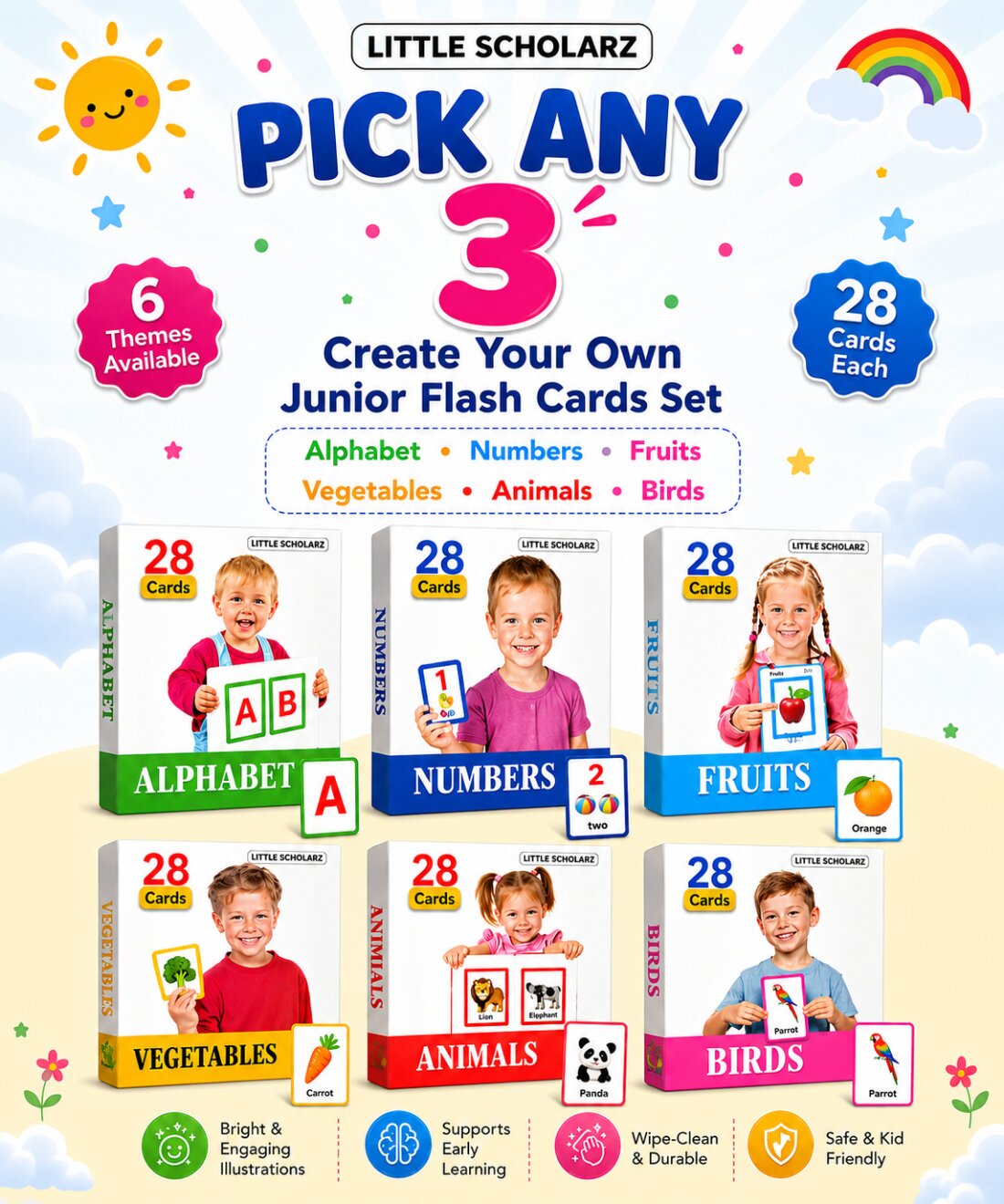 Junior flash cards set for kids in India by Little Scholarz, pick any 3 from alphabet, numbers, fruits, vegetables, animals and birds learning cards.