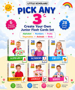 Junior flash cards set for kids in India by Little Scholarz, pick any 3 from alphabet, numbers, fruits, vegetables, animals and birds learning cards.